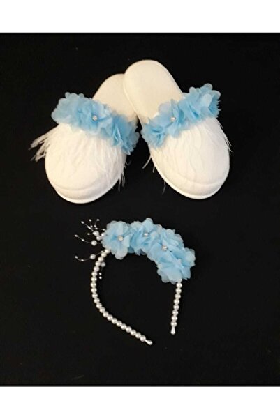 ecrin tuhafiye hobi Kadın Mavi Lohusa Terlik Taç Seti