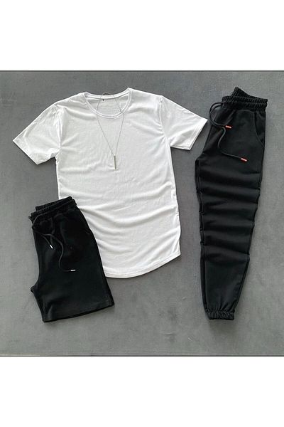 Joza Outdoors Σετ 3 τεμαχίων ασπρόμαυρη αθλητική φόρμα T-shirt Σορτς Φούτερ Συνδυασμός