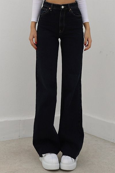 Trn JNS Blugi Jolie Casual, negri, Ricra, cu talie super înaltă, cu picioare largi, din denim