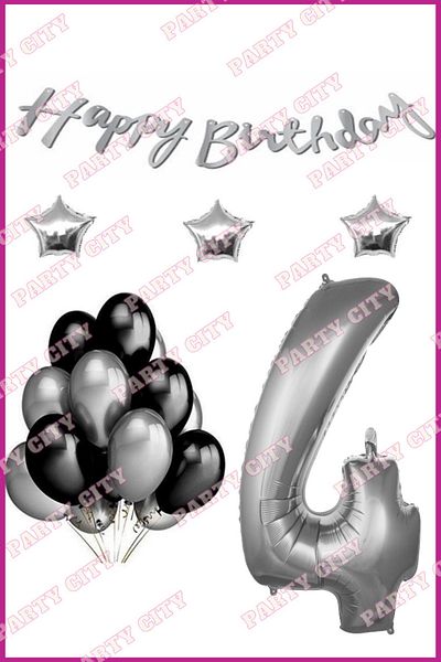 Party City Silver Happy Birthday Concept 4 Year Old Birthday Decoration Set