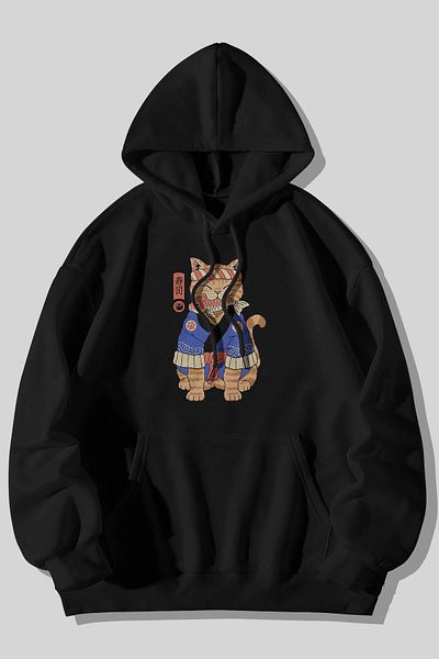Harmandar Hanorac cu glugă cu buzunar cangur negru unisex cu imprimeu cu pisici anime