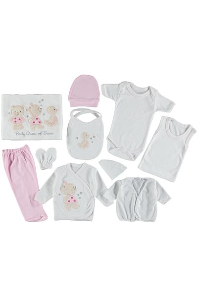 Balgüneş Tekstil Hospital Exit Set Teddy Bear Chick Embroidered 10-Piece Girl's Bodysuit Set