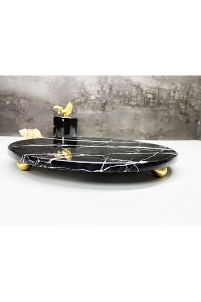 Modestmar Natural Stone Black Round Presentation Plate Gold Top Foot