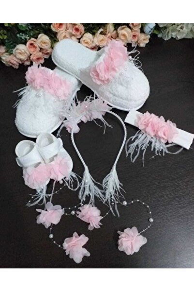 Elzem Tasarım Hediyelik Pembe Lohusa Terlik Taç Seti