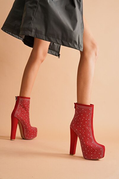 Ayakkabı Ateşi Tiger Kırmızı Süet Taşlı Yüksek Topuklu Kadın Bot