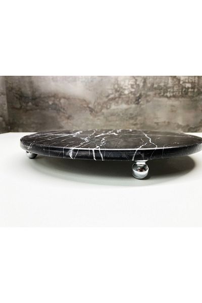 Modestmar Natural Stone Black Round Presentation Plate Silver Ball Foot