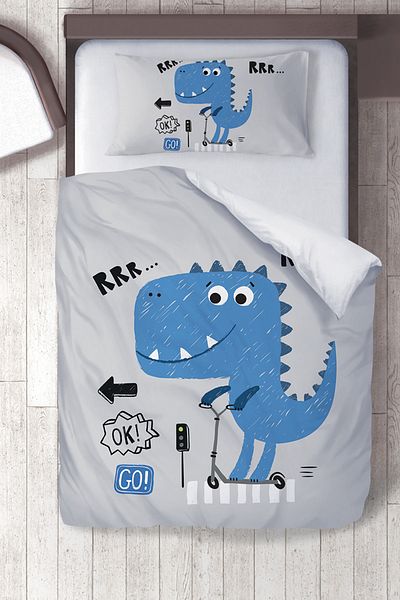 instababyrooms Βαμβακερό Micro Satin Blueish Dino Παιδικό Σετ Παπλωματοθήκη για Παιδικό Δωμάτιο