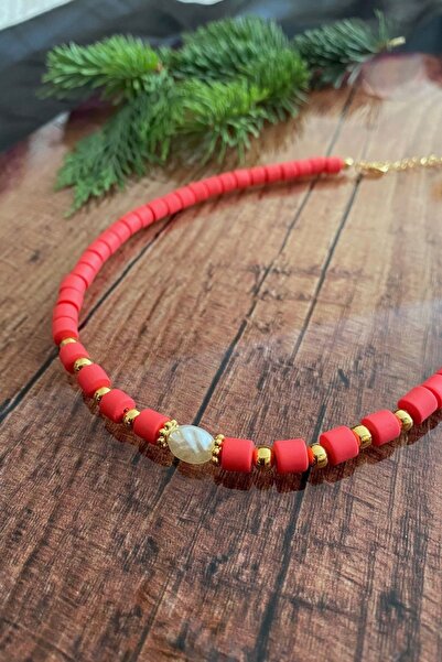 EST Aksesuar Red Lino & Fimo Necklace with Pearl Figures