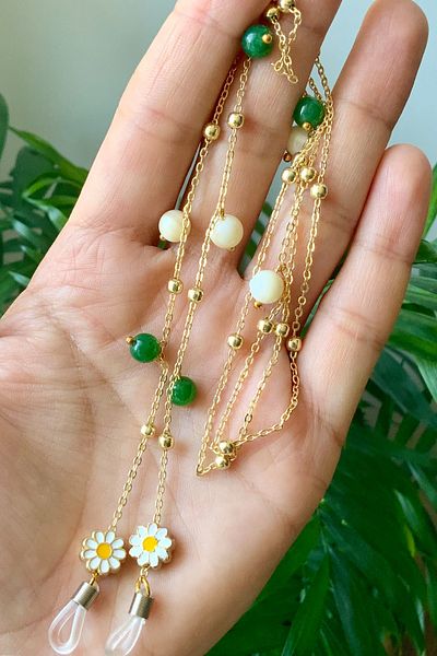 Natural Jewelleryy Women's Daisy Figured Mother of Pearl and Aventurine Natural Stone Glasses Chain