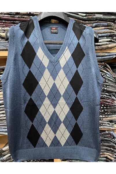 FATELLA Pulovere pentru bărbați, cu decolteu în V, cu modele în carouri indigo