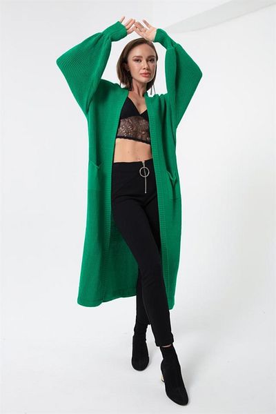 Lafaba Hellgrüner langer Cardigan mit Ballonärmeln für Damen