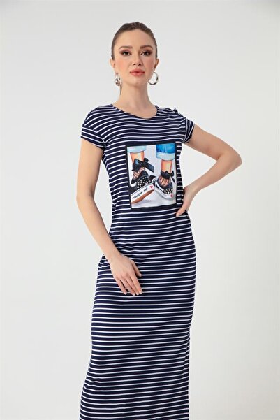 Lafaba Női sötétkék ruha oldalán hasítékokkal