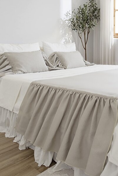 RİTMOHOME Bed Runner & Inner Padded Throw Pillow Set Double Linen Frilly