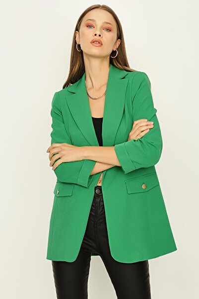 Select Moda Γυναικείο πράσινο μπλέιζερ με λεπτομέρεια με χρυσό κουμπί διπλό πέτο γιακά