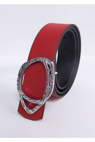 Enpovi Red and Black Double Sided Silver Buckle Women's Belt