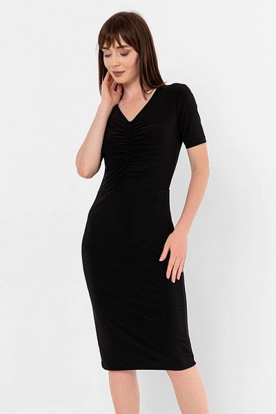Laranor Black V-Neck Collar Gather Detailed Pencil Dress