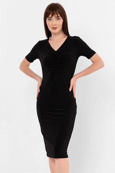 Laranor Black V-Neck Collar Gather Detailed Pencil Dress