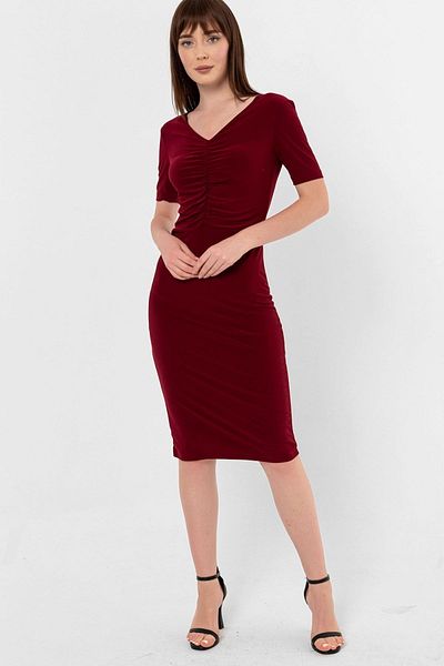 Laranor Claret Red V-Neck Collar Gather Detailed Pencil Dress