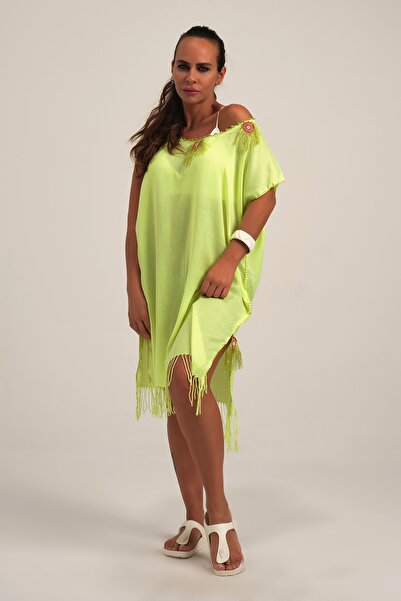 Marever Fashion Handcrafted Evil Eye Beaded Neon Green Tasseled Beach Dress