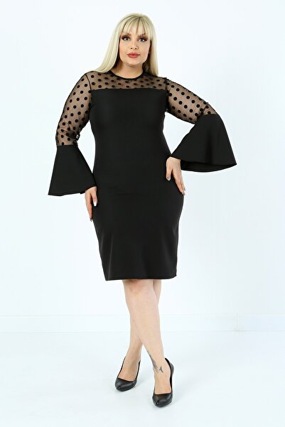 1fazlası Μίντι Φόρεμα Μαύρο Πουά Ρόμπα Plus Size