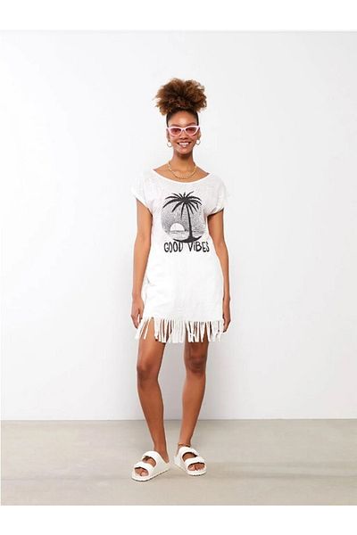 LC Waikiki Γυναικείο φόρεμα παραλίας - Crew Neck, εμπριμέ, κοντομάνικο
