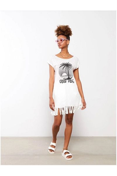 LC Waikiki Γυναικείο φόρεμα παραλίας - Crew Neck, εμπριμέ, κοντομάνικο