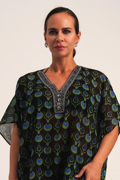 Marever Fashion El Işi Lame Yaka Lale Desenli Siyah Yazlık Plaj Elbisesi