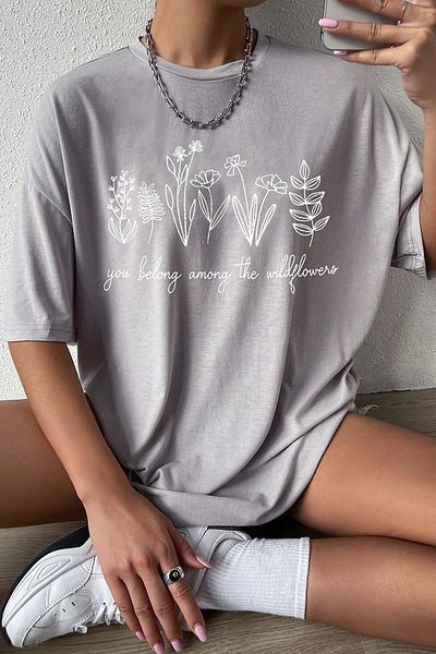 Machetta Γυναικείο μπλουζάκι σε γκρι Wildflowers με στάμπα Oversize