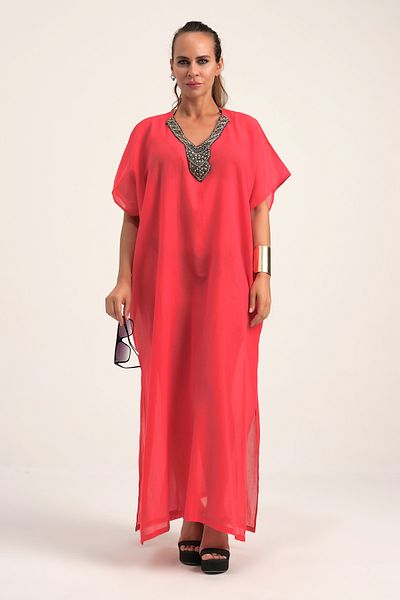 Marever Fashion Handcrafted Gold Collar Red Summer Beach Dress