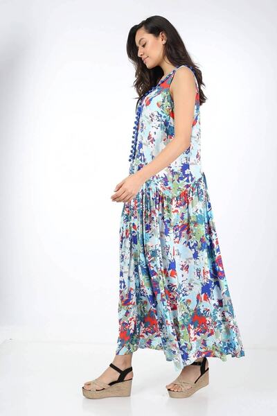 Luisido Mavi Çiçek Desenli Ponpon Detaylı Önü Düğmeli Sıfır Kol Elbise