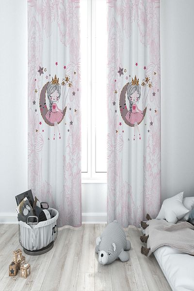 BAMBAŞKA MODA Baby and Children's Room Motif Princess Girl and Night Two Wing Background Curtain Bmfp-256