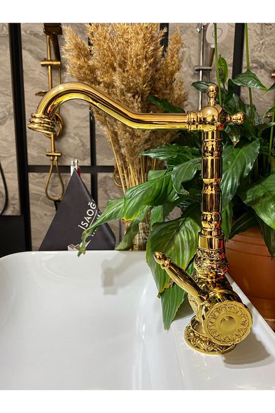 İSAOĞLU YAPI Gold Rustic Kitchen Faucet Faucet Gold Premium Embroidered Rustic Sink Faucet