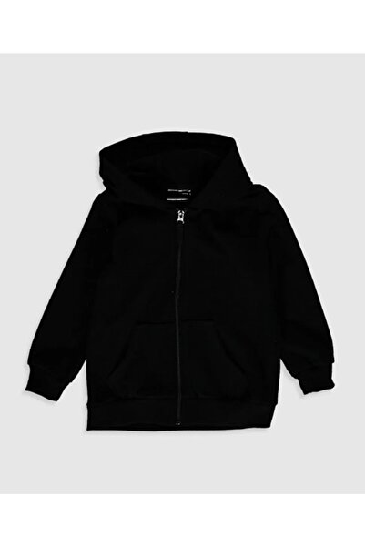 MODA Unısex Kapüşonlu Fermuarlı Iki Iplik Siyah Sweatshırt Hırka