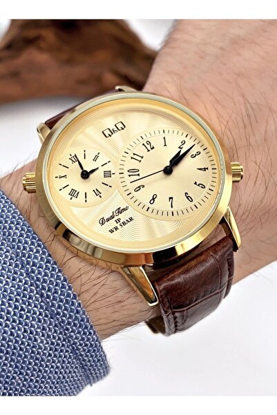 Q&Q Qz22j99es Double Time Zone Leather Band Men's Wristwatch