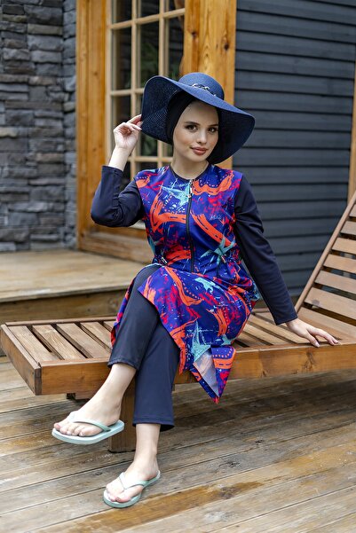 Minel Women's Purple Red Pattern Fully Covered Hijab Swimsuit Long Set of 2 037