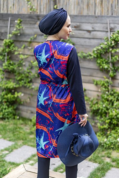 Minel Women's Purple Red Pattern Fully Covered Hijab Swimsuit Long Set of 2 037