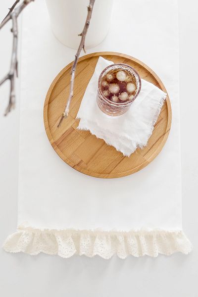 RİTMOHOME Runner alb scandinav vintage cu dantelă festonată