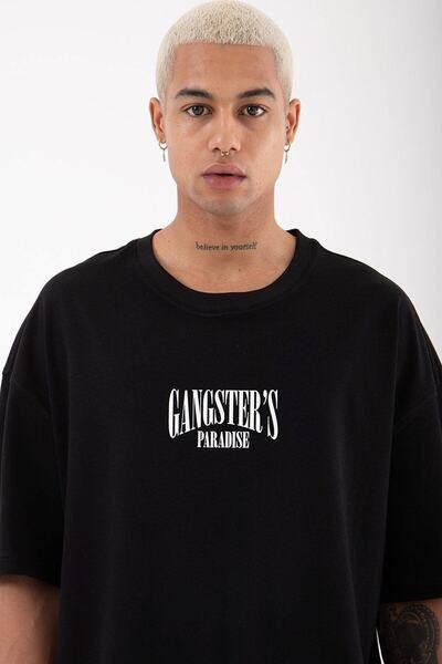 Machetta Μπλούζα Plus Size Μαύρη Gangster's Paradise με Στάμπα Oversize Κρουαζέ Λαιμό.