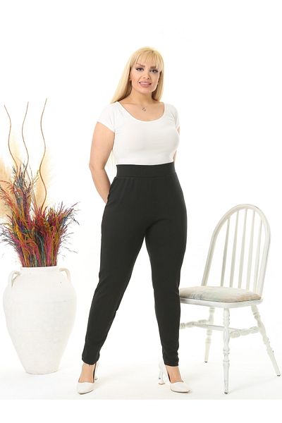 LİKRA Women's Large Size Narrow Leg High Waist Stretchy Steel Trousers