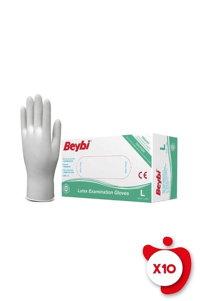 Beybi قفازات فحص من اللاتكس البودرة مقاس L، أبيض، 10 عبوات من 100 قطعة