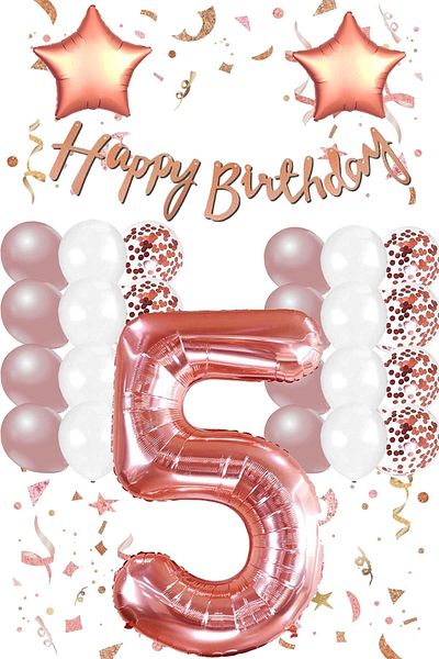 Patladı Gitti Rose Gold Concept 5 Year Old Birthday Celebration Set; White Gold Confetti Balloon, Number Star Foil and B
