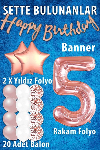 Patladı Gitti Rose Gold Concept 5 Year Old Birthday Celebration Set; White Gold Confetti Balloon, Number Star Foil and B