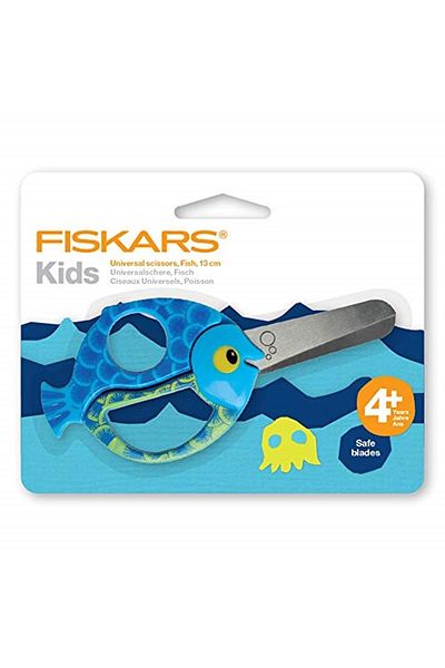 FiSKARS مقص حيوانات للأطفال بشكل سمكة للاستخدام باليد اليمنى واليسرى، أزرق، الطول 13 سم