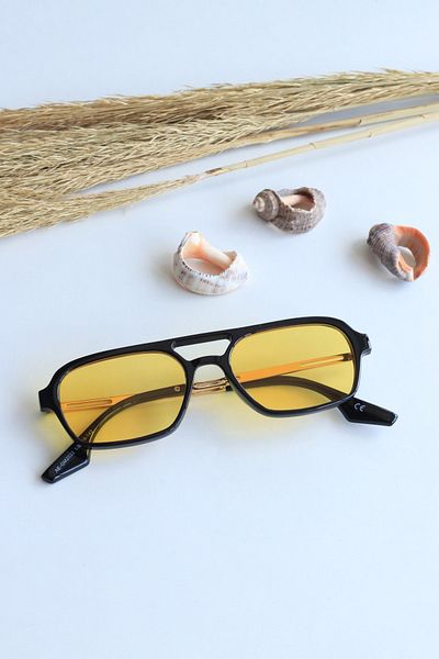 LOOKUP NEW Olivia Metal Matte Square Rectangle Yellow Glass Black Frame Uv400 Unisex Sunglasses