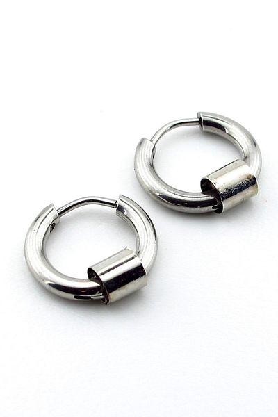 Solfera Silver Color Steel Men's Hoop Earrings with Cylinder Ring E983
