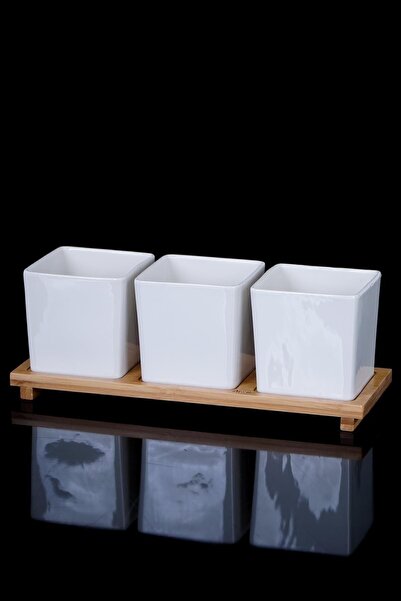 ACAR La Pure 3-Piece Bamboo Tray Square Porcelain Sauce Bowl Fma01675