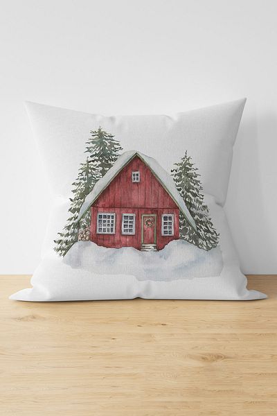Nish & Royal Digital Printed Modern Suede Pillow Cushion Cover with Snowy House & Pine Tree Design