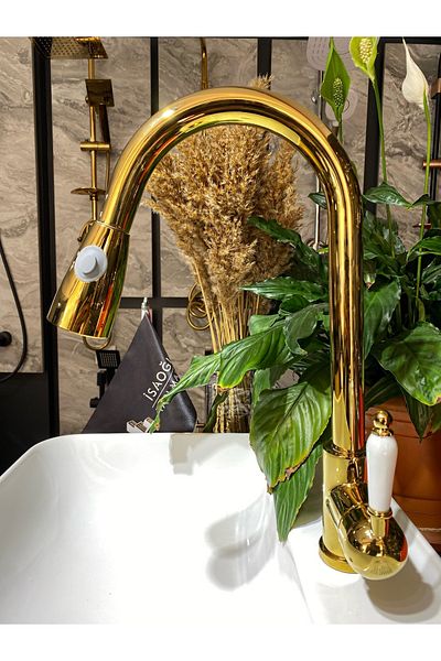 İSAOĞLU YAPI Golden Spiral Kitchen Faucet Golden Pivoting Head Sink Tap Golden Kitchen Faucet