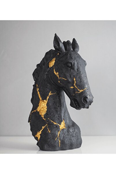 LivadoHome Antik At Siyah Büst Dekoratif Heykel