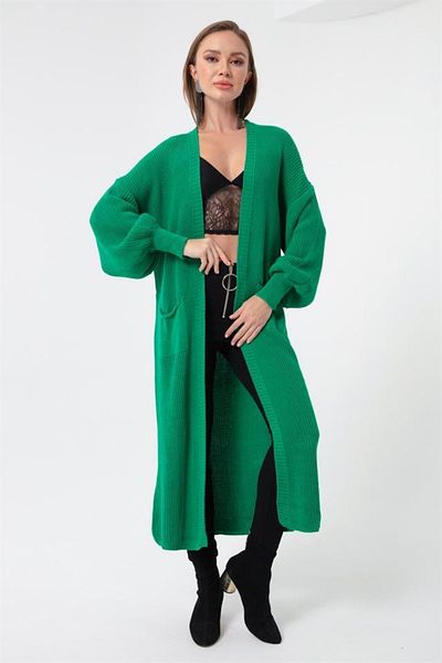 Lafaba Hellgrüner langer Cardigan mit Ballonärmeln für Damen